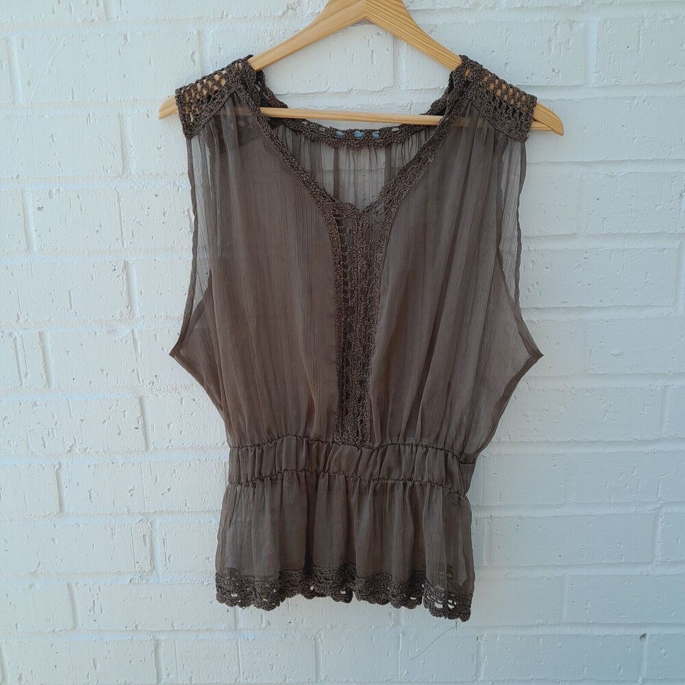 DO & BE Crochet Sheer Top Boho Resort Coastal Wear Mocha sz: M